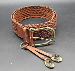 Michael Kors Brown 2" Wide Sz L Woven Leather Belt Gold Tone Buckle Charm 553633